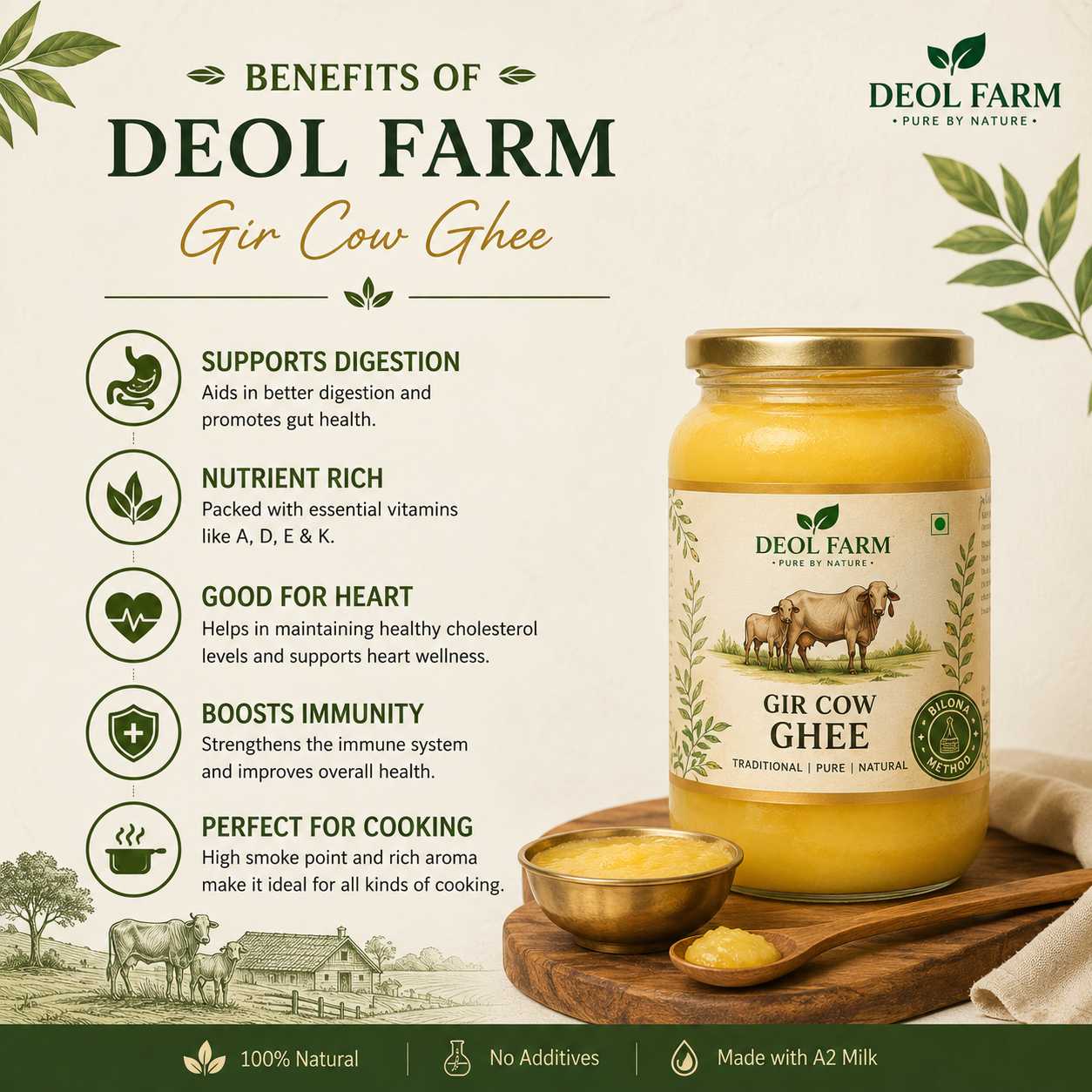 Deol Farm Certified A2 Gir Cow Ghee| Grassfed, Pure & Healthy | Curd-Churned | Premium Glass Bottle | 100% Natural & Lab-Tested | Rich in Nutrition