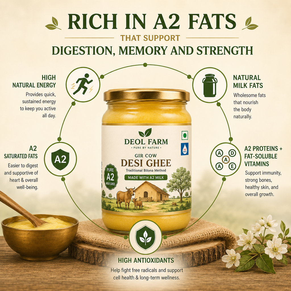 Deol Farm Certified A2 Gir Cow Ghee| Grassfed, Pure & Healthy | Curd-Churned | Premium Glass Bottle | 100% Natural & Lab-Tested | Rich in Nutrition
