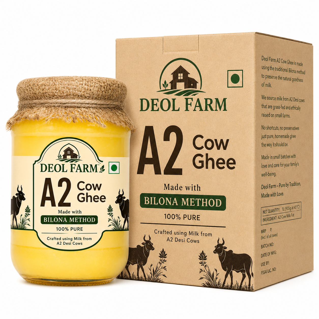 Deol Farm Certified A2 Gir Cow Ghee| Grassfed, Pure & Healthy | Curd-Churned | Premium Glass Bottle | 100% Natural & Lab-Tested | Rich in Nutrition