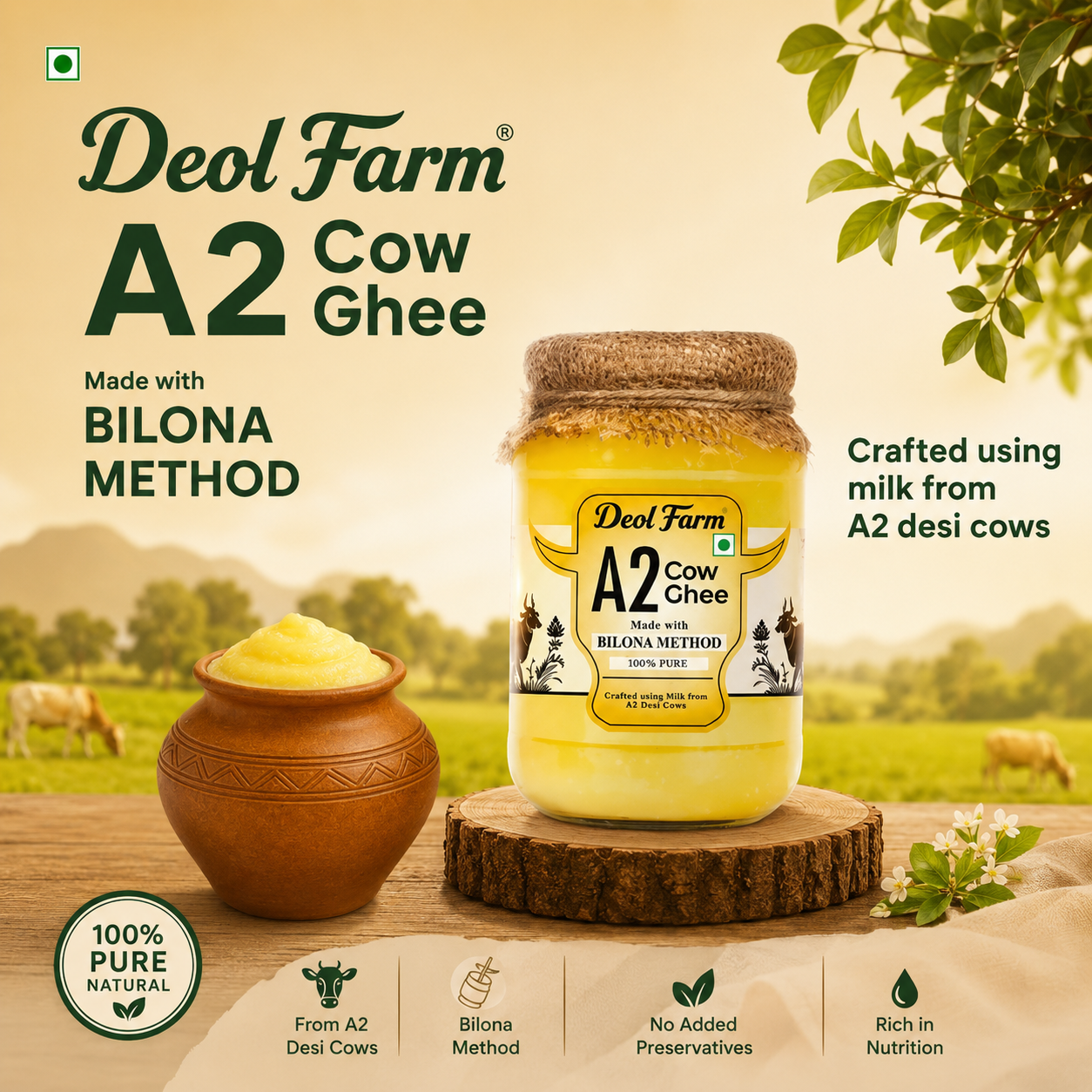 Deol Farm Certified A2 Gir Cow Ghee| Grassfed, Pure & Healthy | Curd-Churned | Premium Glass Bottle | 100% Natural & Lab-Tested | Rich in Nutrition